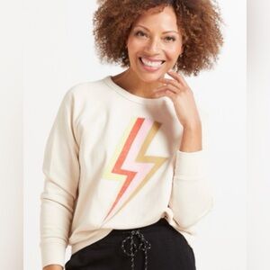 LETLUV Beige Crewneck Sweatshirt with Lightning Bolt Design, 100% Cotton, Small